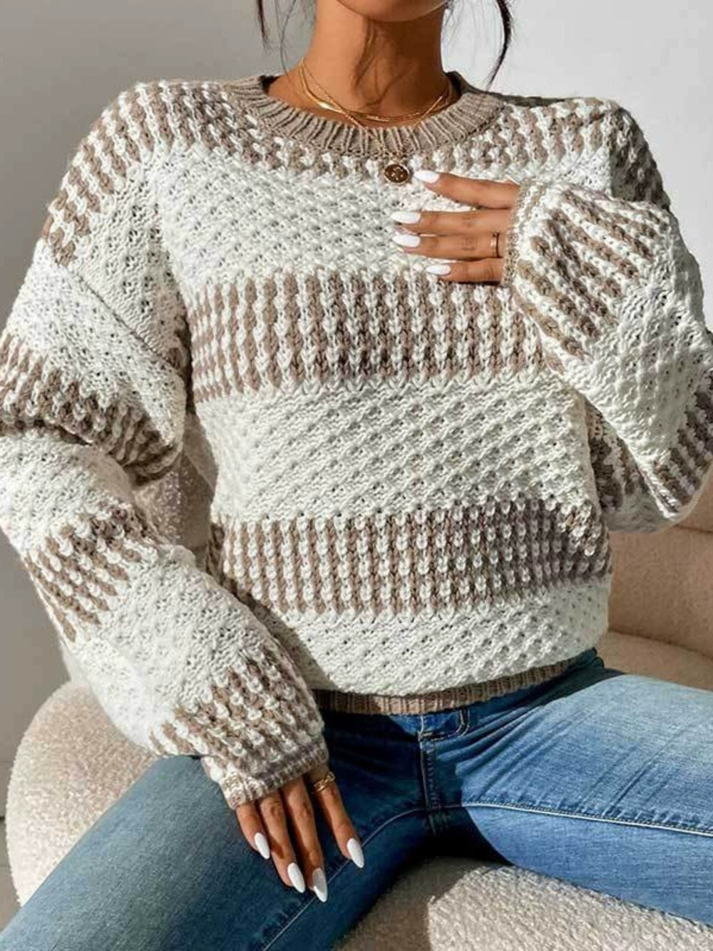 Fall Womens Casual Loose Colorblock Round Neck Long Sleeve Knit Pullover Sweater